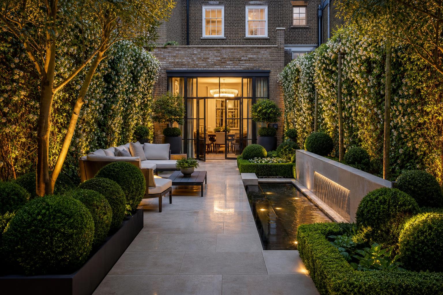Finished London courtyard garden with sculpted planting and warm lighting